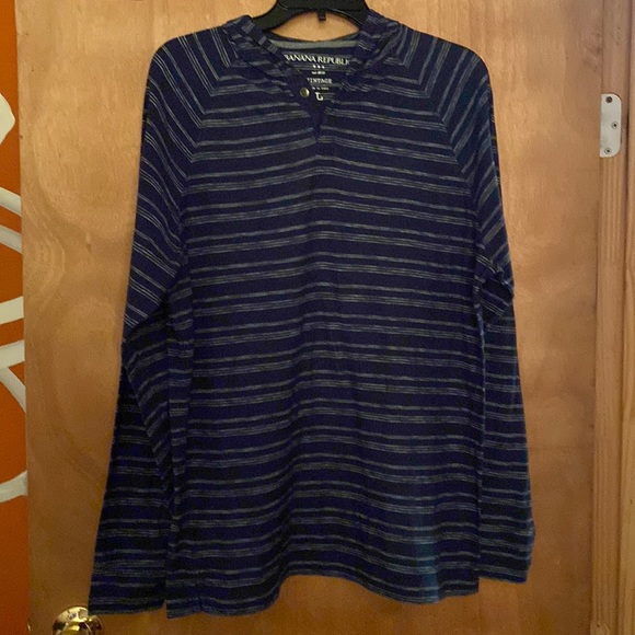 Banana Republic long sleeve hooded tee. Navy with thin white striping.